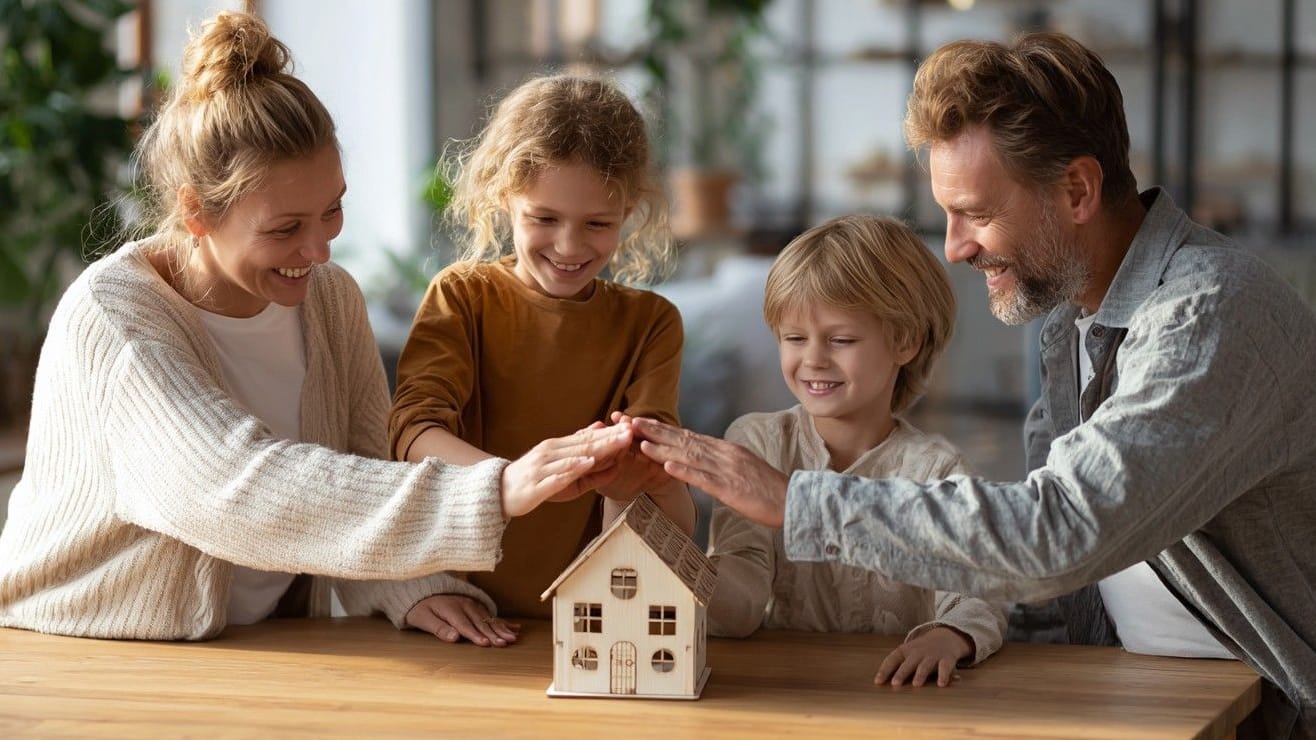 Familie am Tisch versammelt um ein Modellhaus