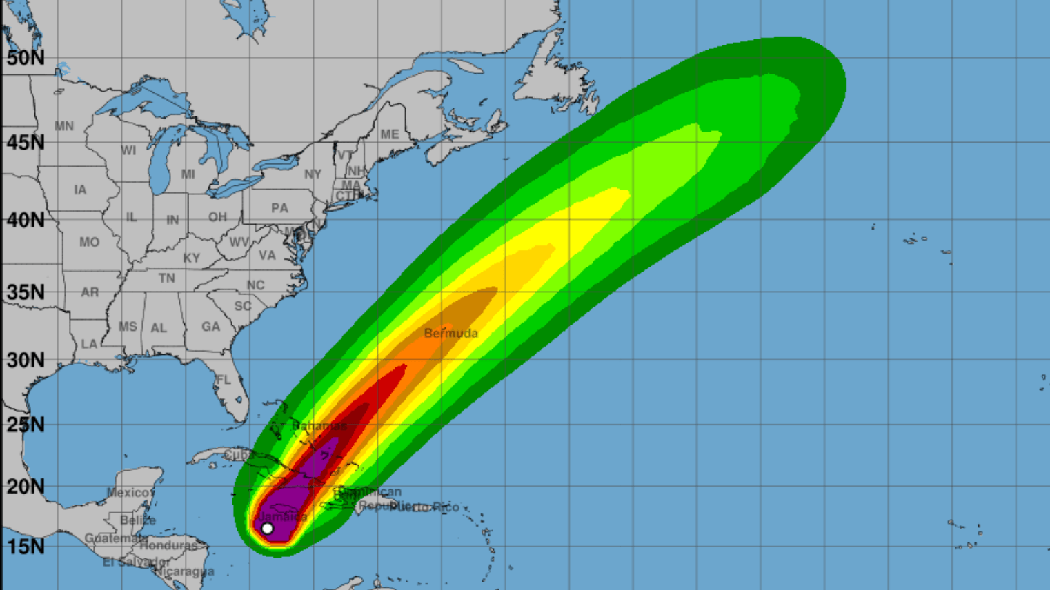 Eine Grafik des Nationalen Hurrikanzentrums: "Melissa" bedroht Jamaika, aber auch die Bahamas, Haiti und Kuba. Eine Grafik des Nationalen Hurrikanzentrums: "Melissa" bedroht Jamaika, aber auch die Bahamas, Haiti und Kuba.