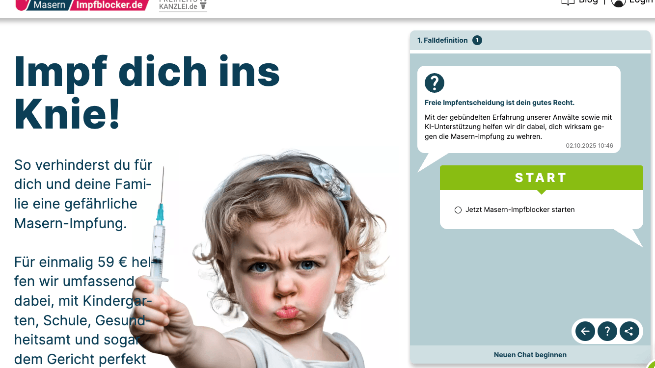 Screenshot von "Masern-Impfblocker.de" - sie werben mit dem Spruch: "Impf Dich ins Knie!"