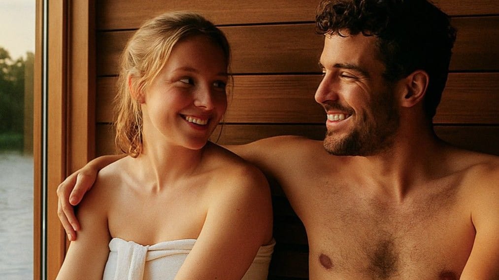 Ein Pärchen in der privaten Sauna in Stade: hier kann man eine gemütliche Zeit zu zweit verbringen.