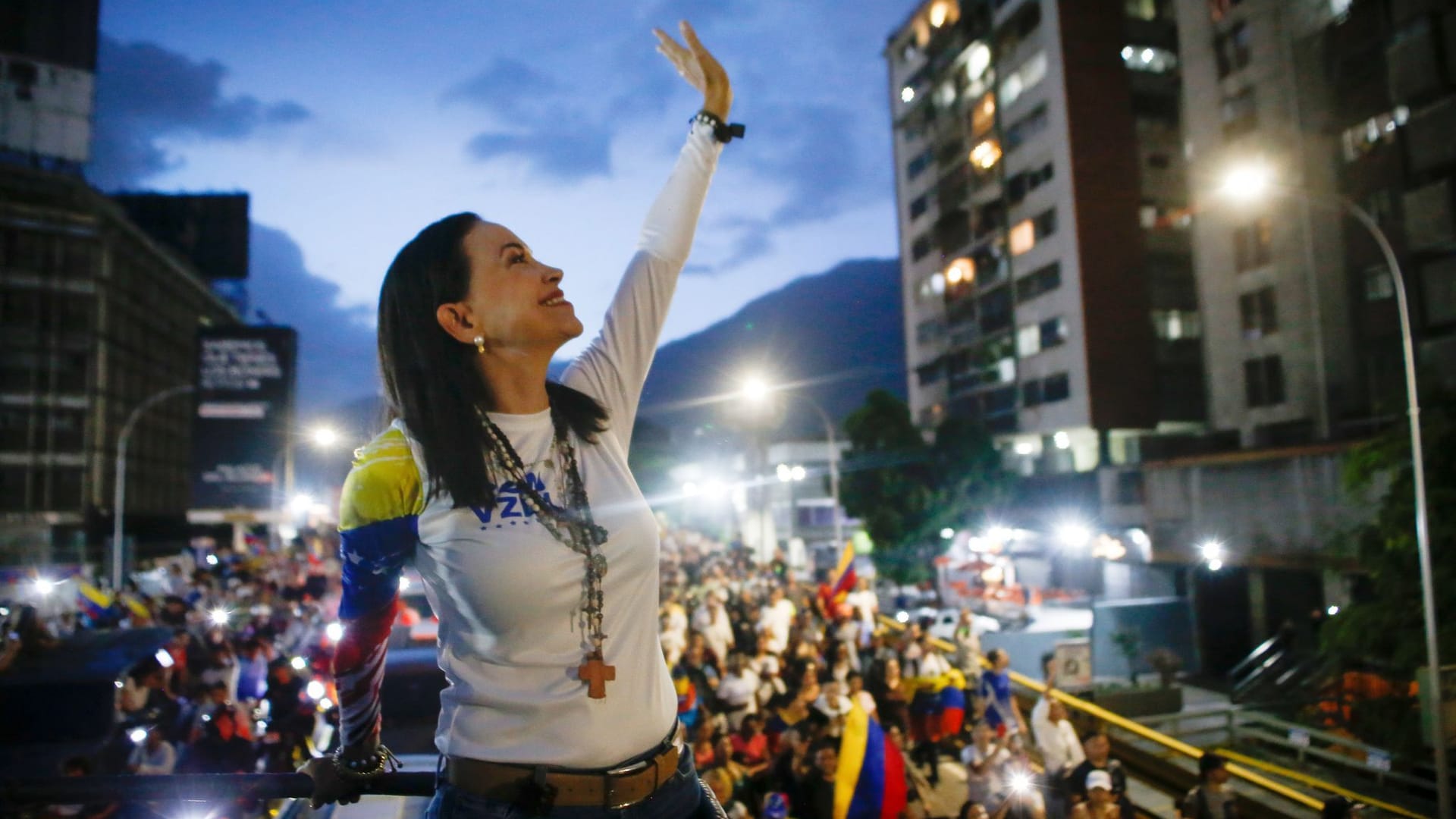 Venezuela, Caracas: Die venezolanische Oppositionsführerin Maria Corina Machado nimmt an einer politischen Kundgebung teil. Venezuela, Caracas: Die venezolanische Oppositionsführerin Maria Corina Machado nimmt an einer politischen Kundgebung teil.