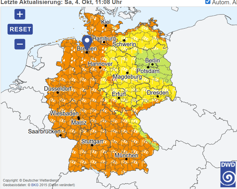 Unwetter peitschen über Deutschland: Die amtlichen Wetterwarnungen des DWD am Samstagmorgen. Unwetter peitschen über Deutschland: Die amtlichen Wetterwarnungen des DWD am Samstagmorgen.