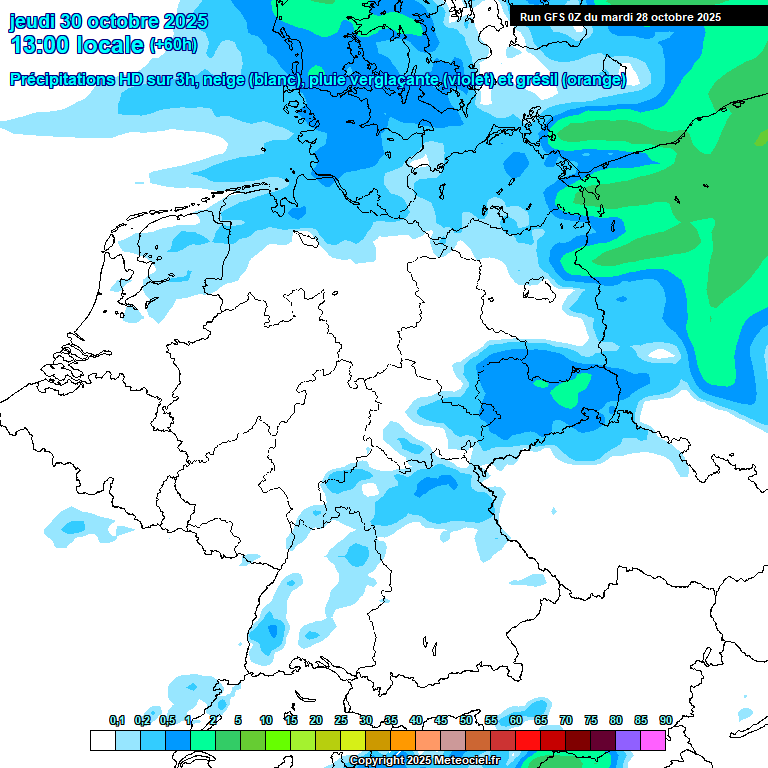 Eine Niederschlagsprognose für Donnerstag: Die Regenfront zieht nach Osten ab. Die Karte zeigt deutlich die Verlagerung des Niederschlags nach Polen. Eine Niederschlagsprognose für Donnerstag: Die Regenfront zieht nach Osten ab. Die Karte zeigt deutlich die Verlagerung des Niederschlags nach Polen.