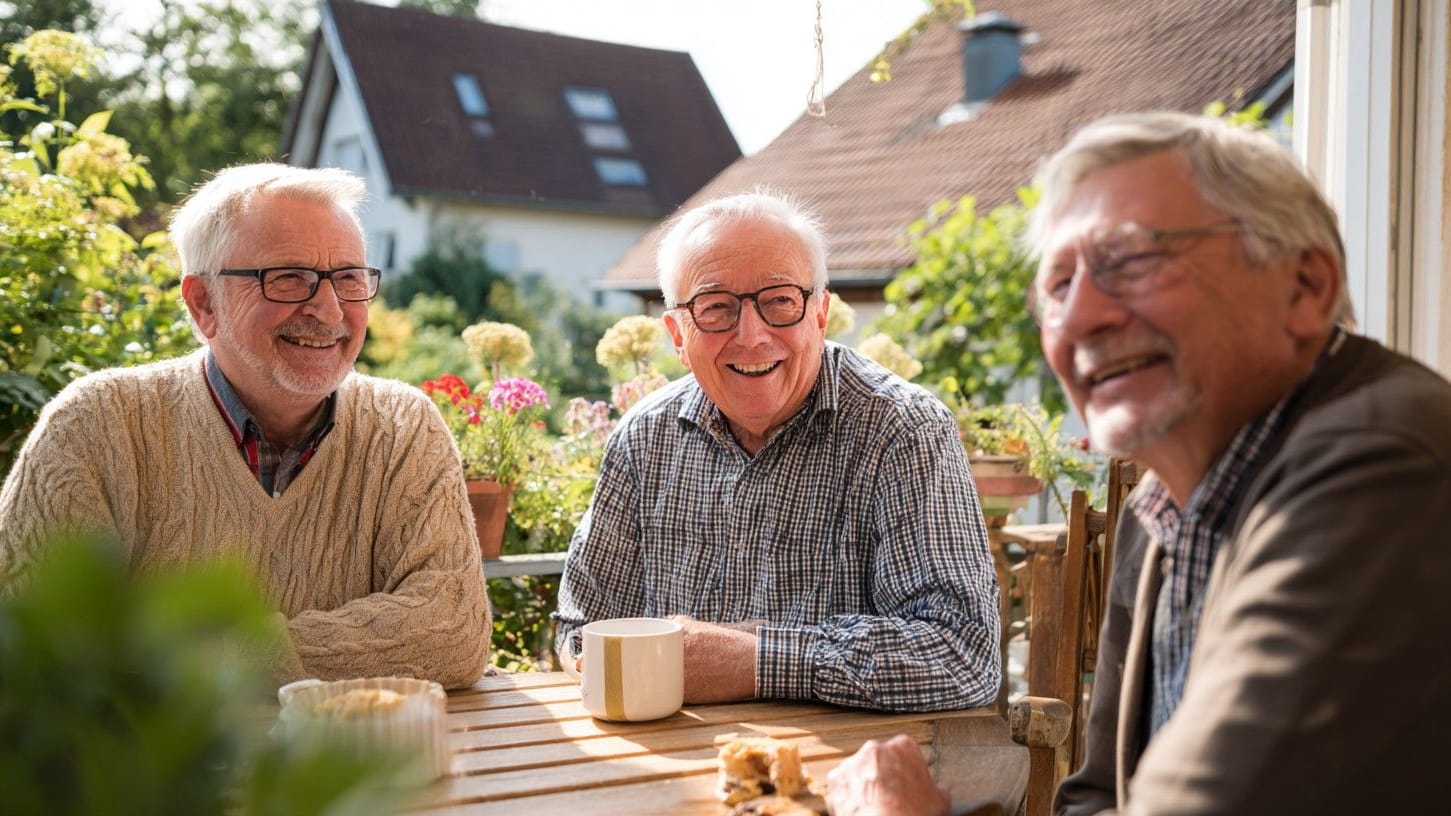 Drei Rentner sitzen auf der Terrasse ihres geerbten Elternhauses Drei Rentner sitzen auf der Terrasse ihres geerbten Elternhauses