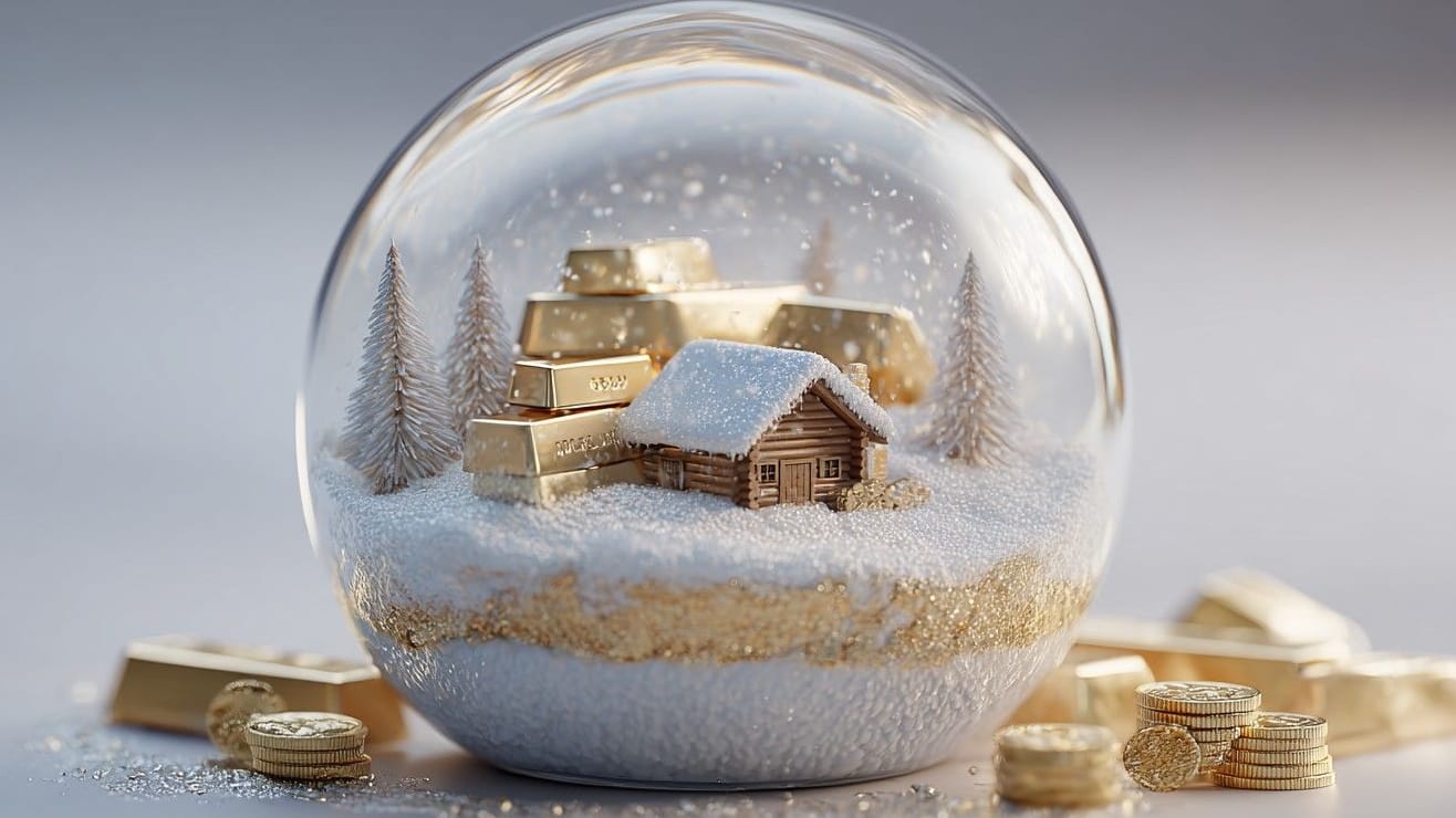 Gold in einer Glaskugel mit Miniaturhaus und Schnee Gold in einer Glaskugel mit Miniaturhaus und Schnee