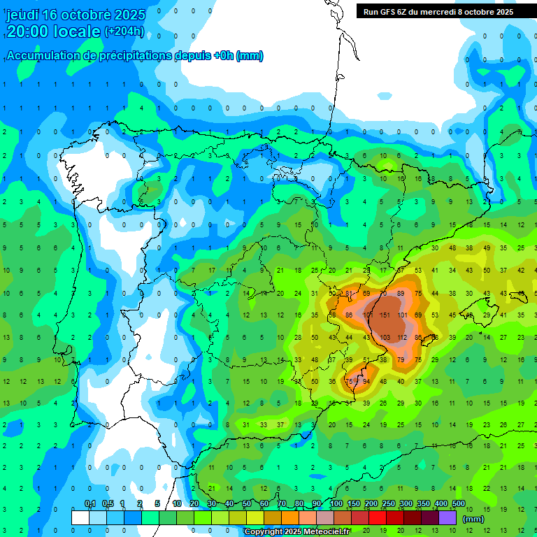 Für die kommende Woche berechnen Wettermodelle viel Niederschlag vor der östlichen Küste Spaniens. Hier ein Lauf für Donnerstag, den 16. Oktober.