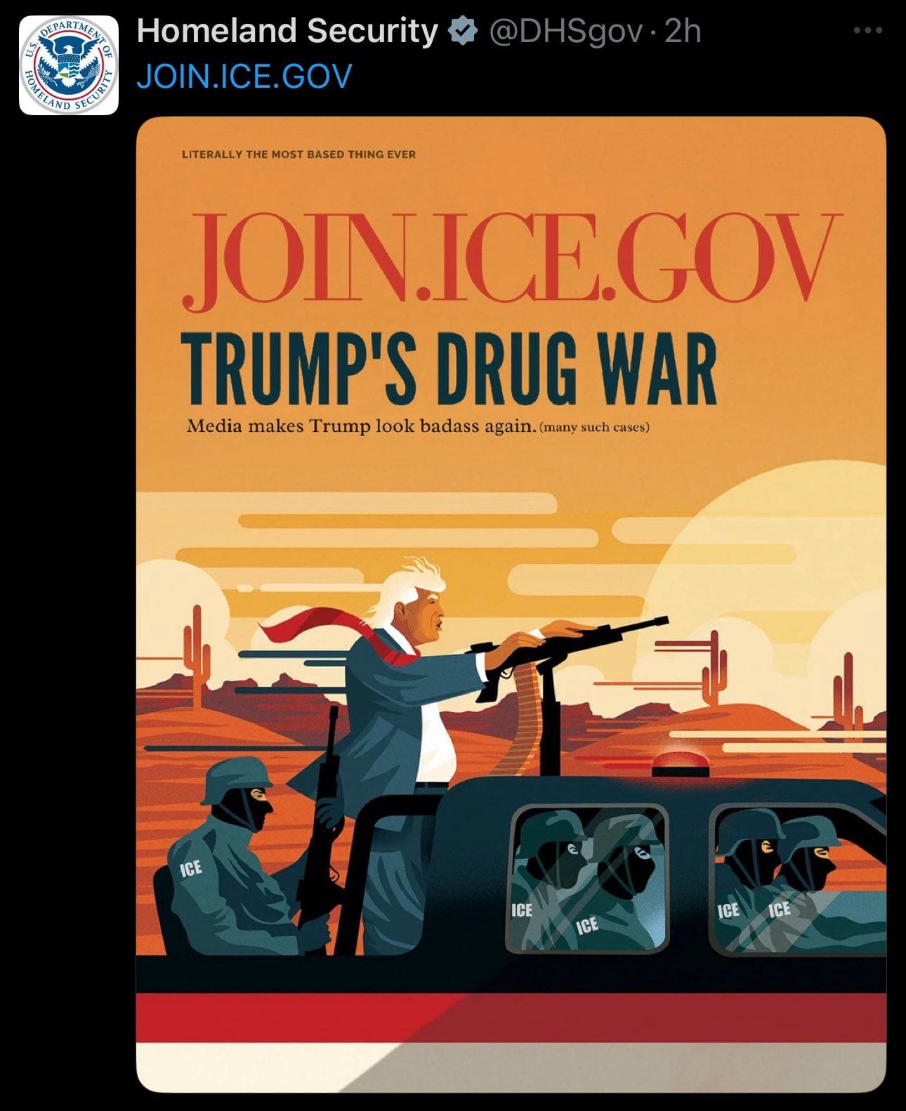 Ein Werbeplakat von Homeland Security: Trump (M.) mit einem Maschinengewehr und ICE-Beamte. Ein Werbeplakat von Homeland Security: Trump (M.) mit einem Maschinengewehr und ICE-Beamte.