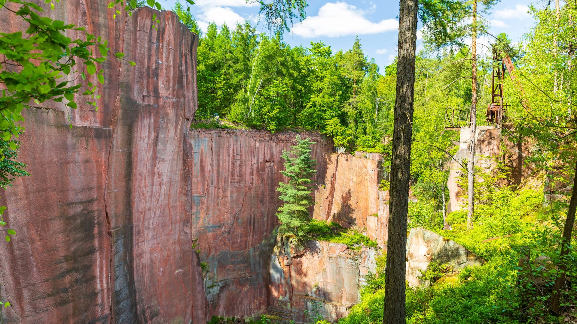 auf dem Porphyrlehrpfad, Gleisbergbruch mit Zahlenwand, historische Steinbrüche auf dem Rochlitzer Berg, Rochlitz, Sachsen auf dem Porphyrlehrpfad, Gleisbergbruch mit Zahlenwand, historische Steinbrüche auf dem Rochlitzer Berg, Rochlitz, Sachsen