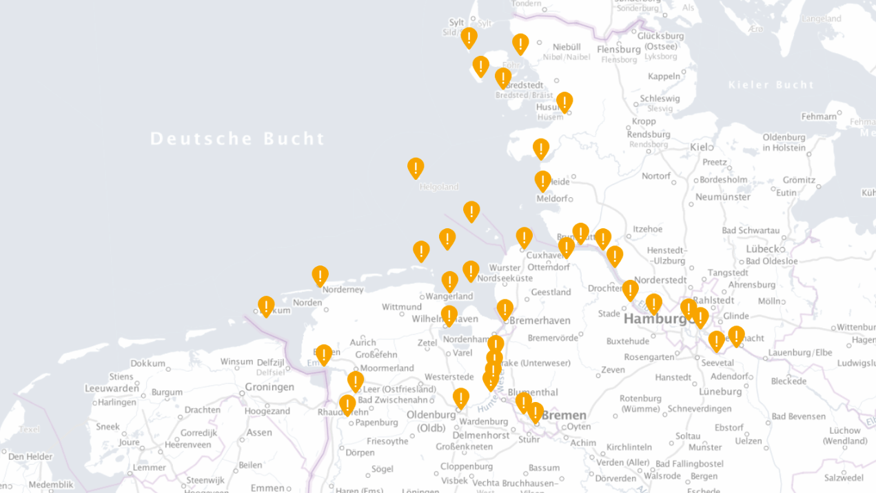 Für diese Orte hat der BSH eine Sturmflut-Warnung herausgegeben. Für diese Orte hat der BSH eine Sturmflut-Warnung herausgegeben.