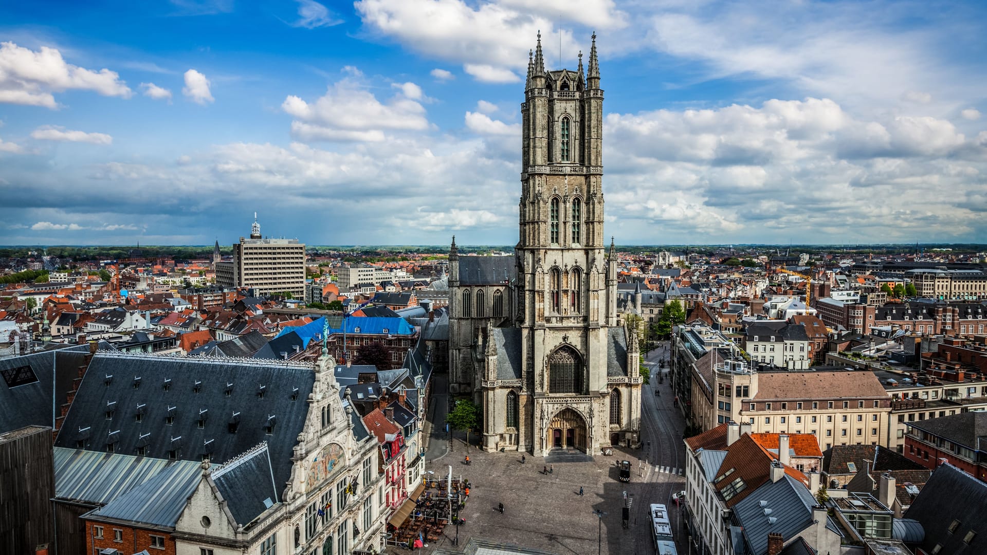 Saint Bavo Cathedral and Sint-Baafsplein, aerial view from Belfry. Ghent Saint Bavo Cathedral and Sint-Baafsplein, aerial view from Belfry. Ghent