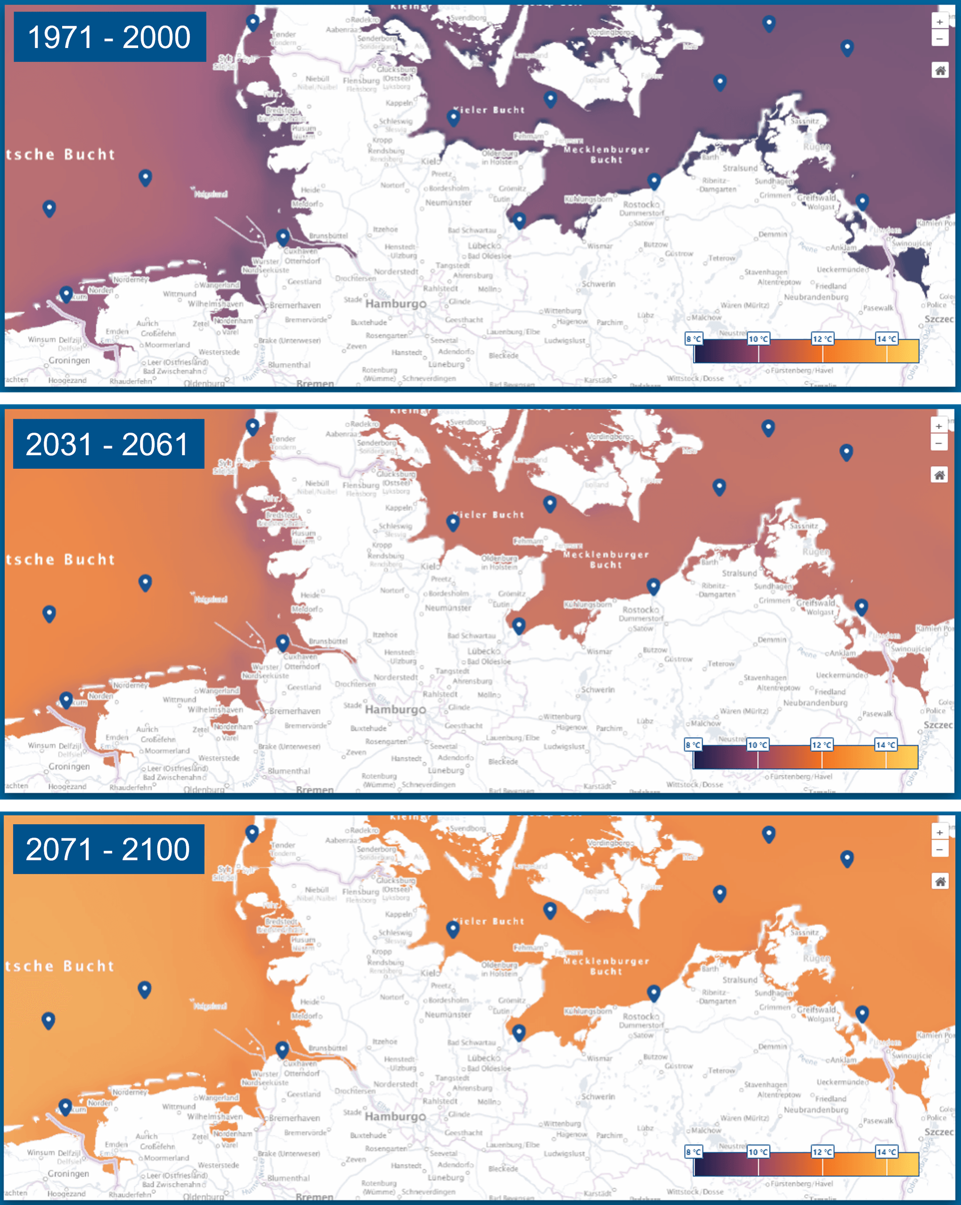 Die Durchschnittstemperaturen in der Nord- und Ostsee im Zeitraum von 1971 bis 2000 und die kalkulierten Werte für den Zeitraum von 2031 bis 2060 und 2071 bis 2100. Die Durchschnittstemperaturen in der Nord- und Ostsee im Zeitraum von 1971 bis 2000 und die kalkulierten Werte für den Zeitraum von 2031 bis 2060 und 2071 bis 2100.