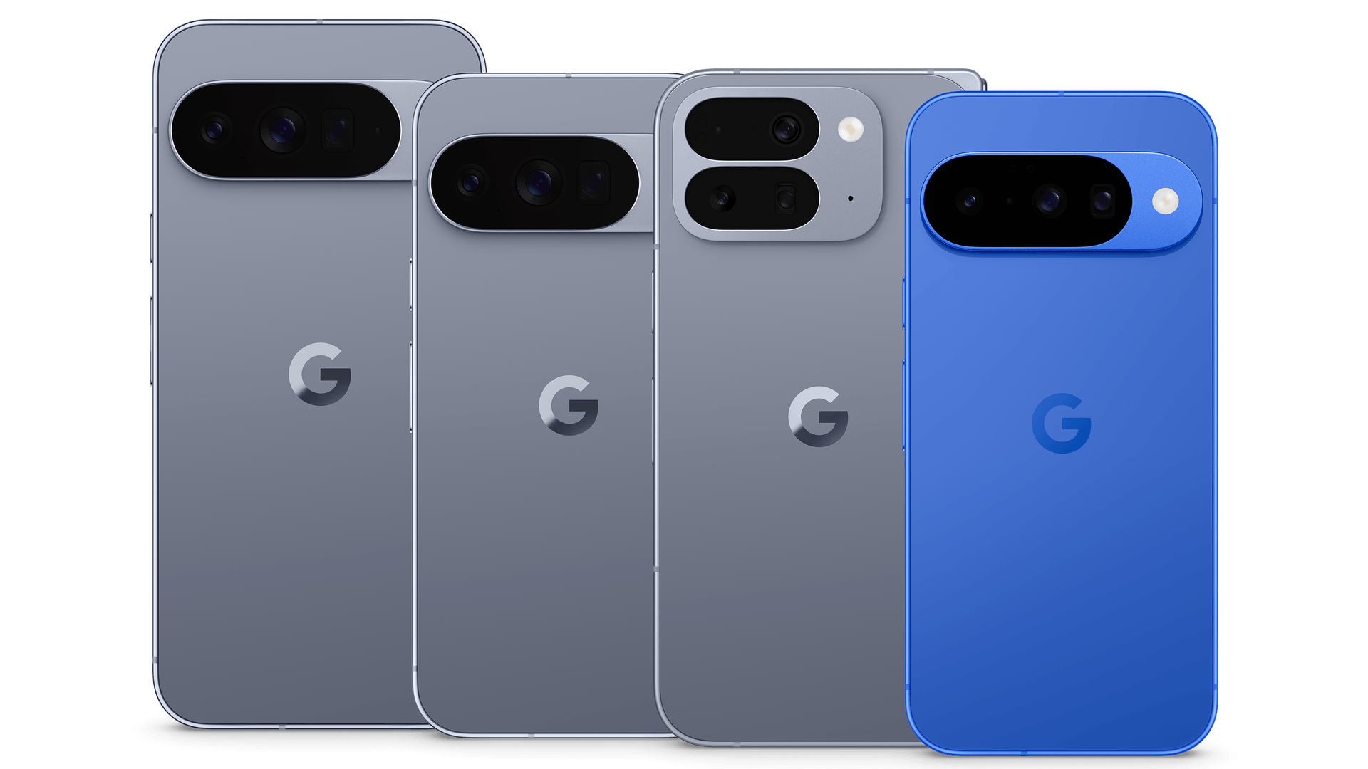 Das Google-Line-up: Pixel 10 Pro XL, Pixel 10 Pro, Pixel 10 Pro Fold und Pixel 10 (v. l. n. r.).