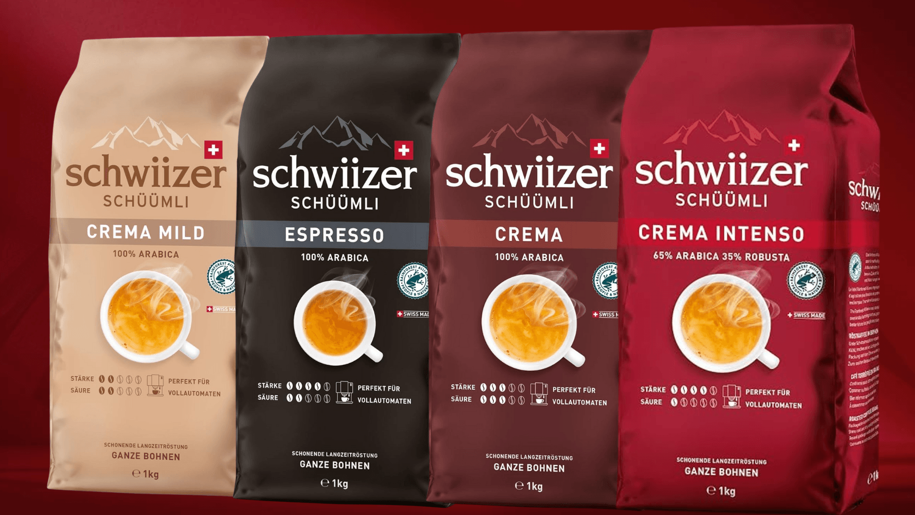 Frühes Black Friday-Schnäppchen: Die Kaffeebohnen Schwiizer Schüümli in vier Sorten – jetzt wieder deutlich reduziert erhältlich.