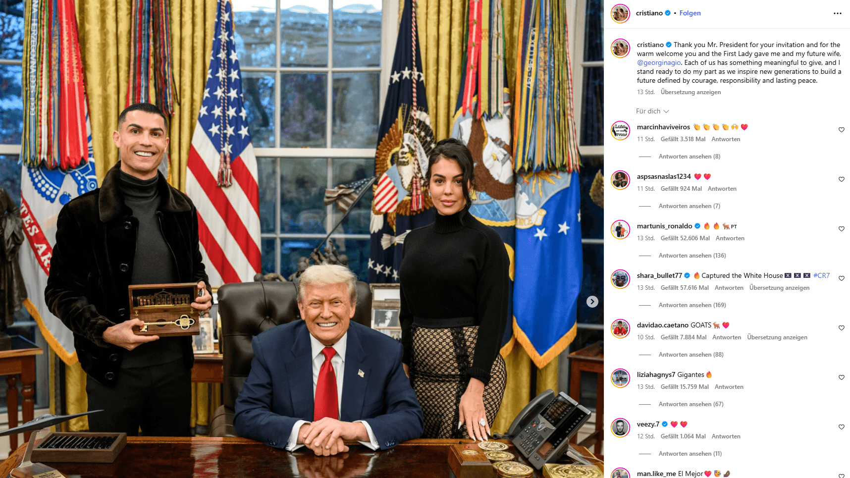 They are beaming: Cristiano Ronaldo (left) and his partner Georgina in the Oval Office with US President Donald Trump. (Screenshot: instagram.com/cristiano) They are beaming: Cristiano Ronaldo (left) and his partner Georgina in the Oval Office with US President Donald Trump. (Screenshot: instagram.com/cristiano)