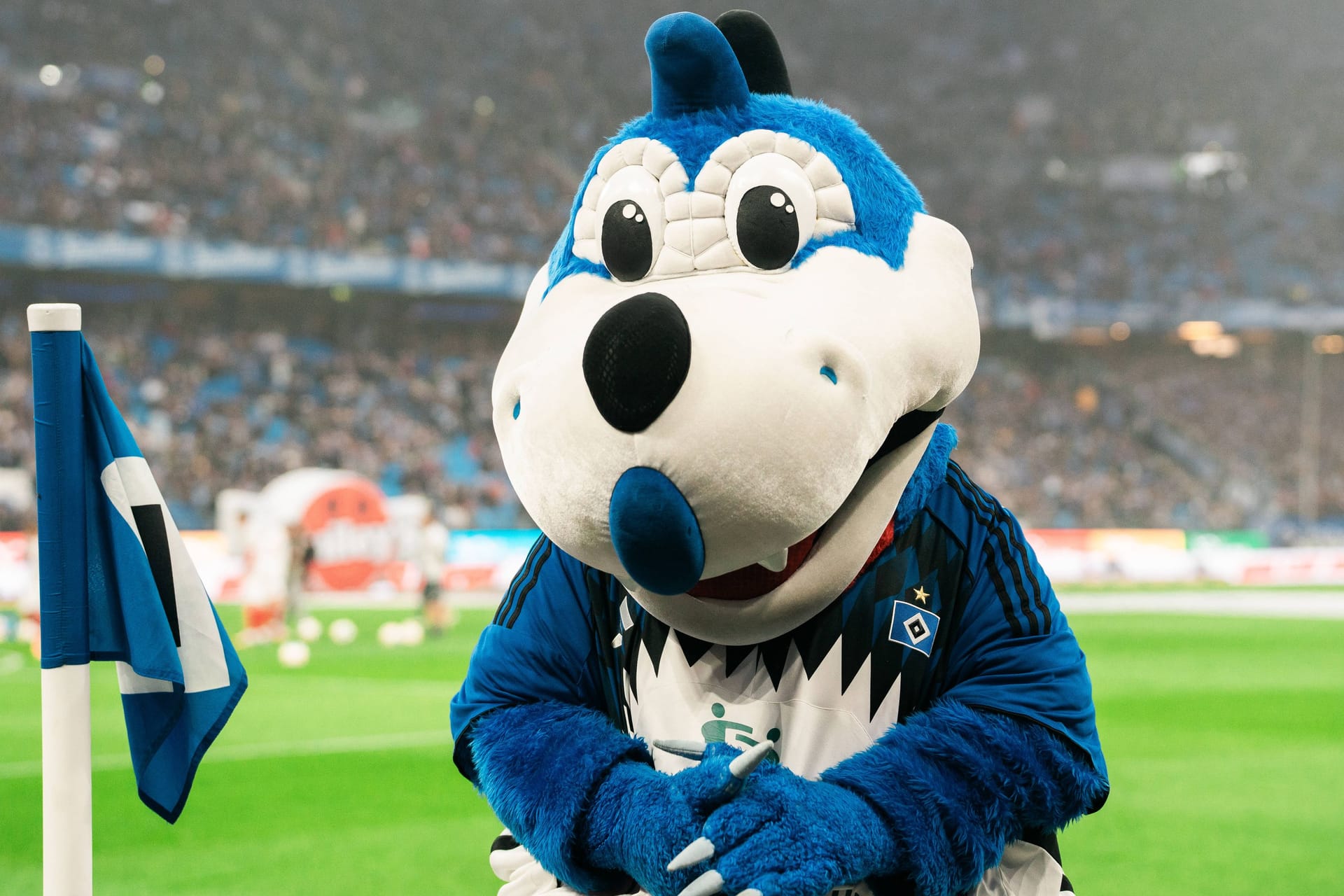 DIno Hermann kann auch lieb sein: Beim DFB-Pokalerfolg der HSV-Frauen gegen Leverkusen provozierte das Maskottchen mit Tanzeinlagen.