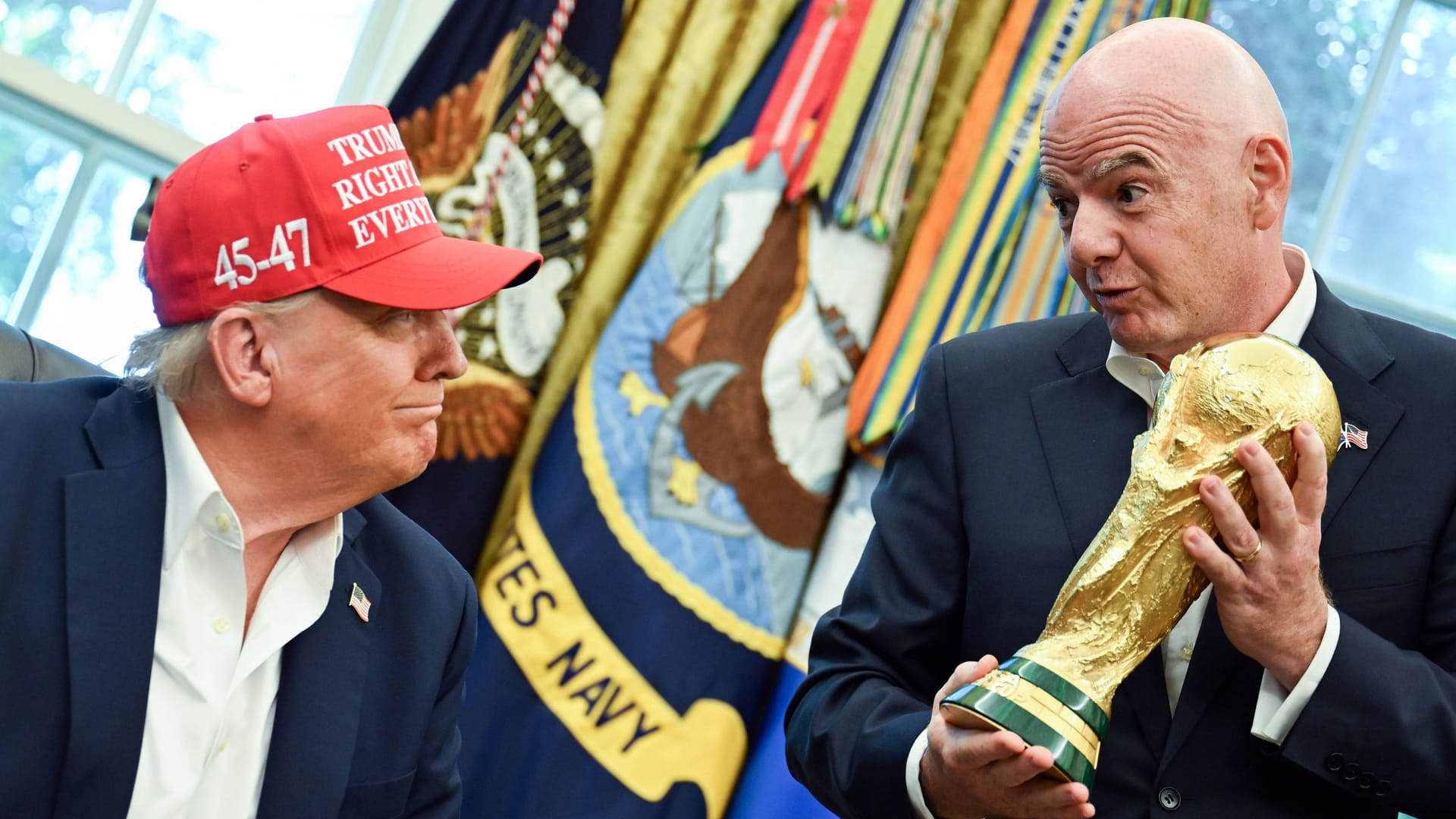 Soul brothers: US President Trump (left) and FIFA boss Infantino at a meeting in the Oval Office in August. Soul brothers: US President Trump (left) and FIFA boss Infantino at a meeting in the Oval Office in August.